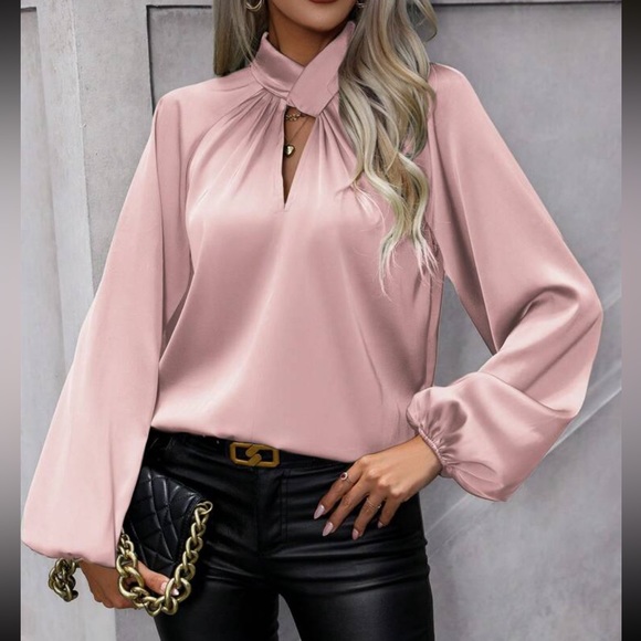 BellanBlue Tops - 023 Dusty Pink Twist Neck Satin Blouse